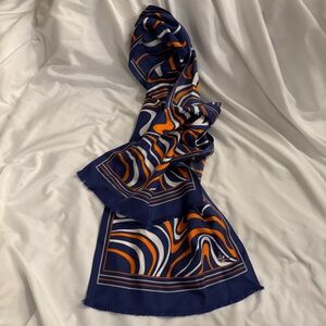 NWOT Vakko 100% Silk Abstract Swirl Print Scarf in Blue, Orange, and White